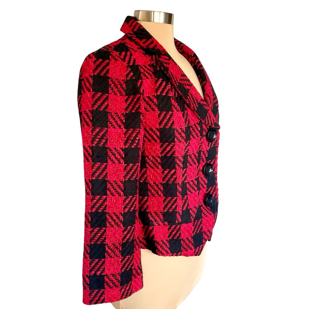 Coldwater Creek Red Black Tartan Plaid Tweed Blazer Size 6P Academia Career - Picture 8 of 12